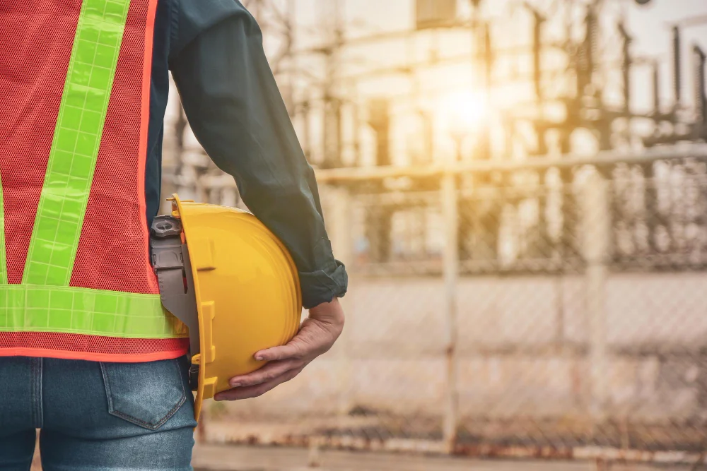Operaio edile con elmetto e gilet da cantiere, simbolo della tradizione e competenza di Santangelo Costruzioni